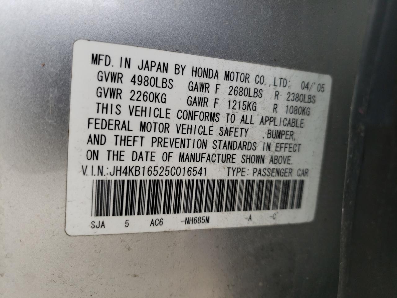 Photo 10 from auction – 2005 ACURA RL with VIN JH4KB16525C016541