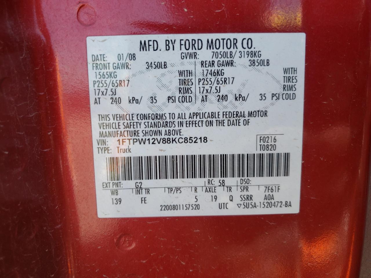 Photo 10 from auction – 2008 FORD F150 SUPER with VIN 1FTPW12V88KC85218