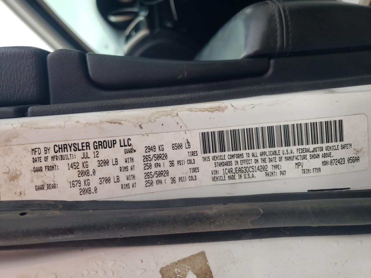 Photo 10 from auction – 2013 JEEP GRAND CHER with VIN 1C4RJEAG3DC514202
