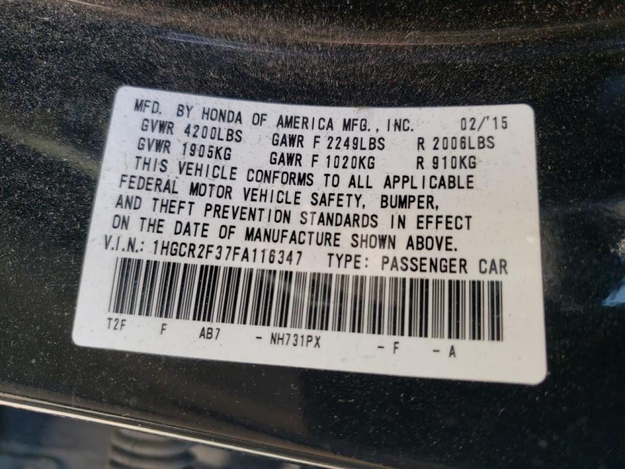 Photo 10 from auction – 2015 HONDA ACCORD LX with VIN 1HGCR2F37FA116347