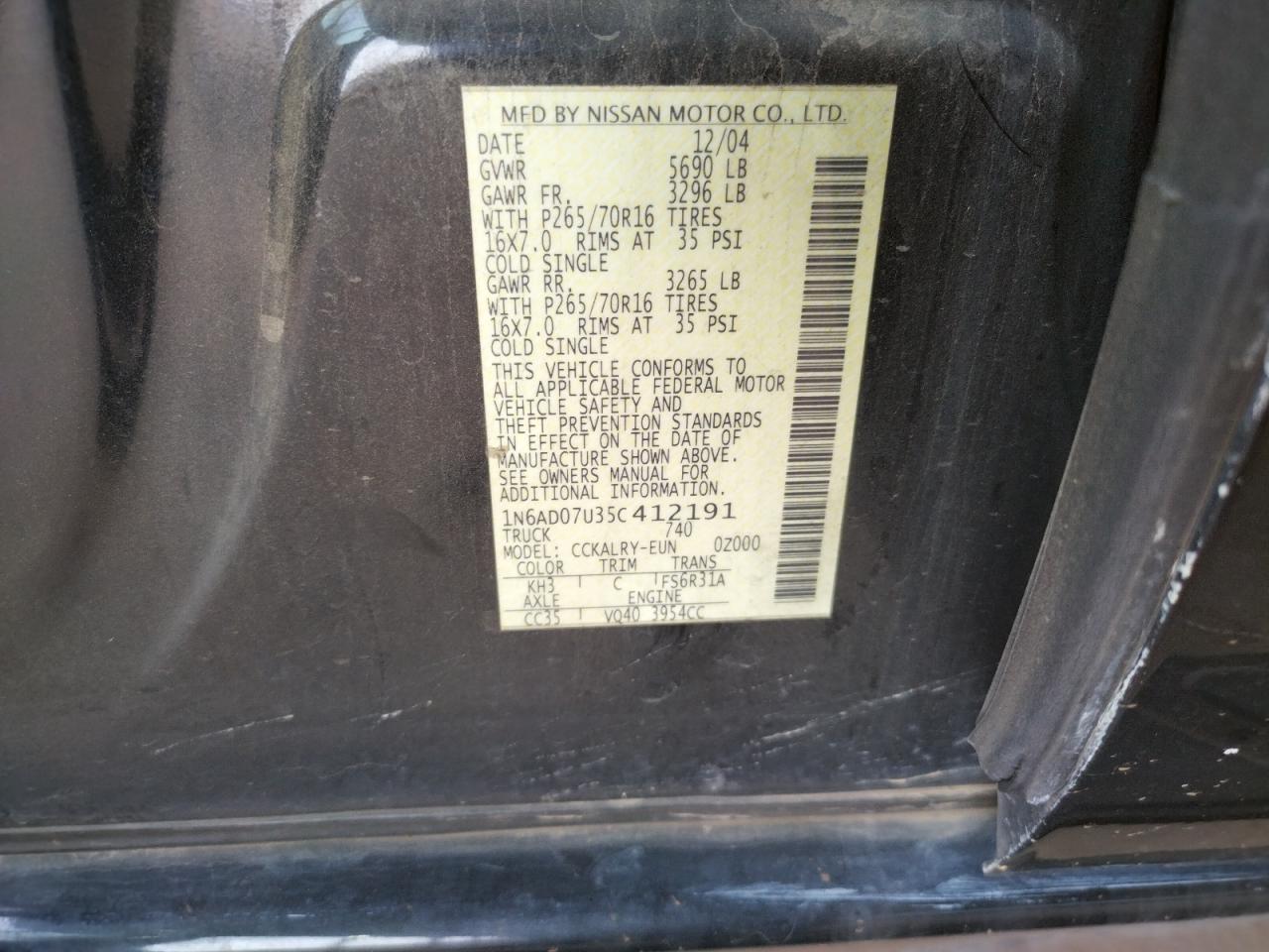 Photo 10 from auction – 2005 NISSAN FRONTIER C with VIN 1N6AD07U35C412191