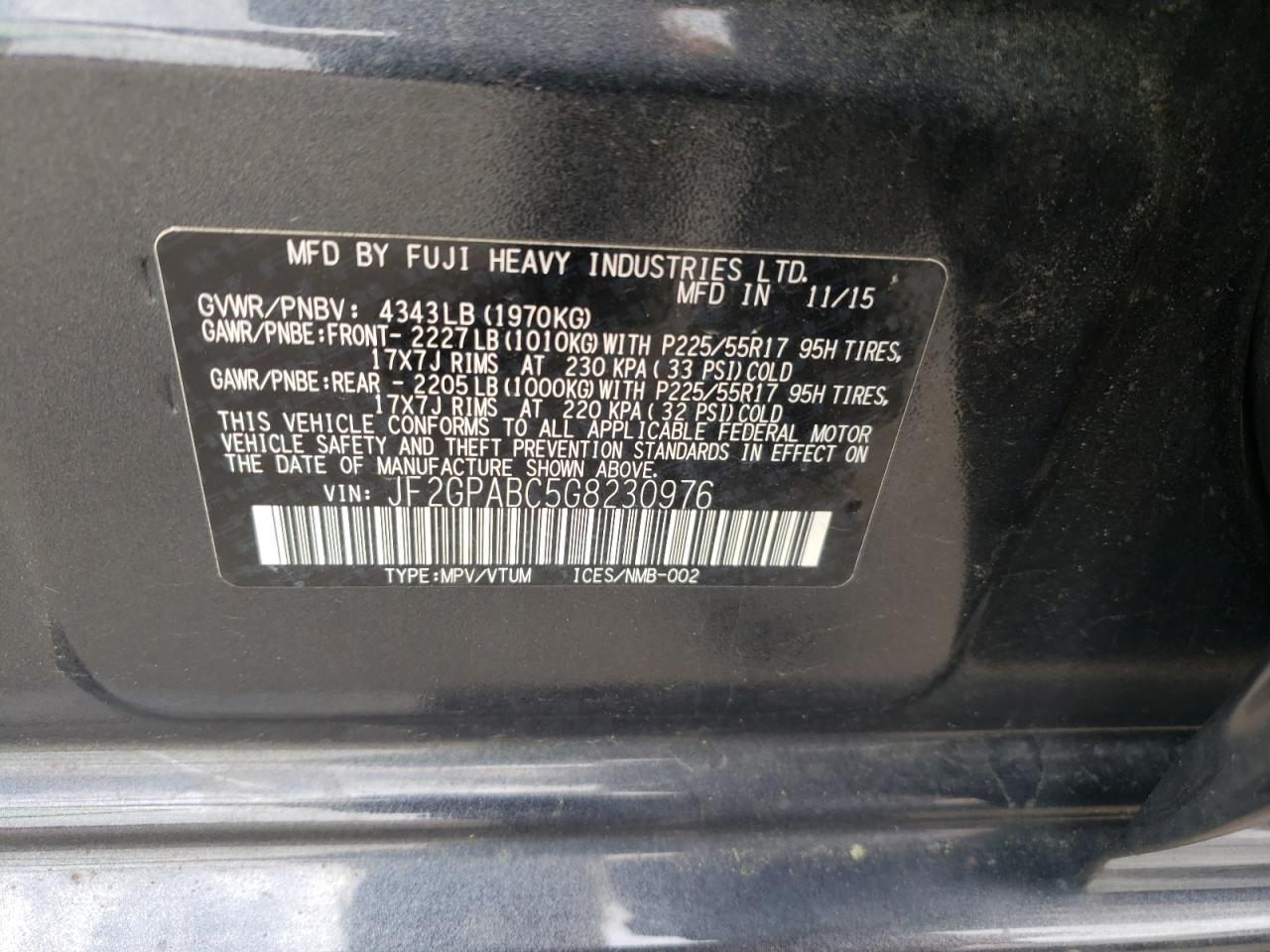 Photo 10 from auction – 2016 SUBARU CROSSTREK with VIN JF2GPABC5G8230976