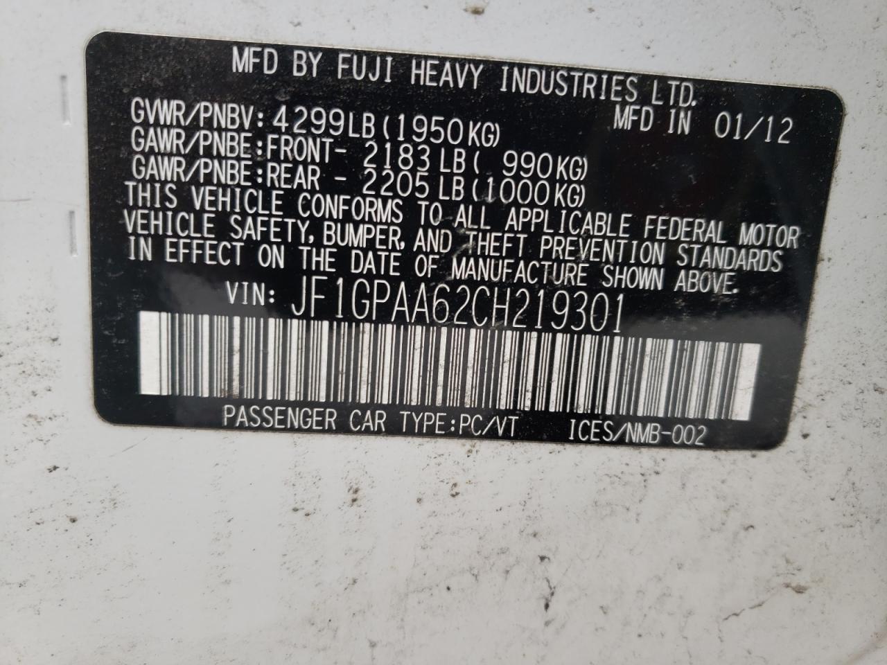 Photo 10 from auction – 2012 SUBARU IMPREZA with VIN JF1GPAA62CH219301