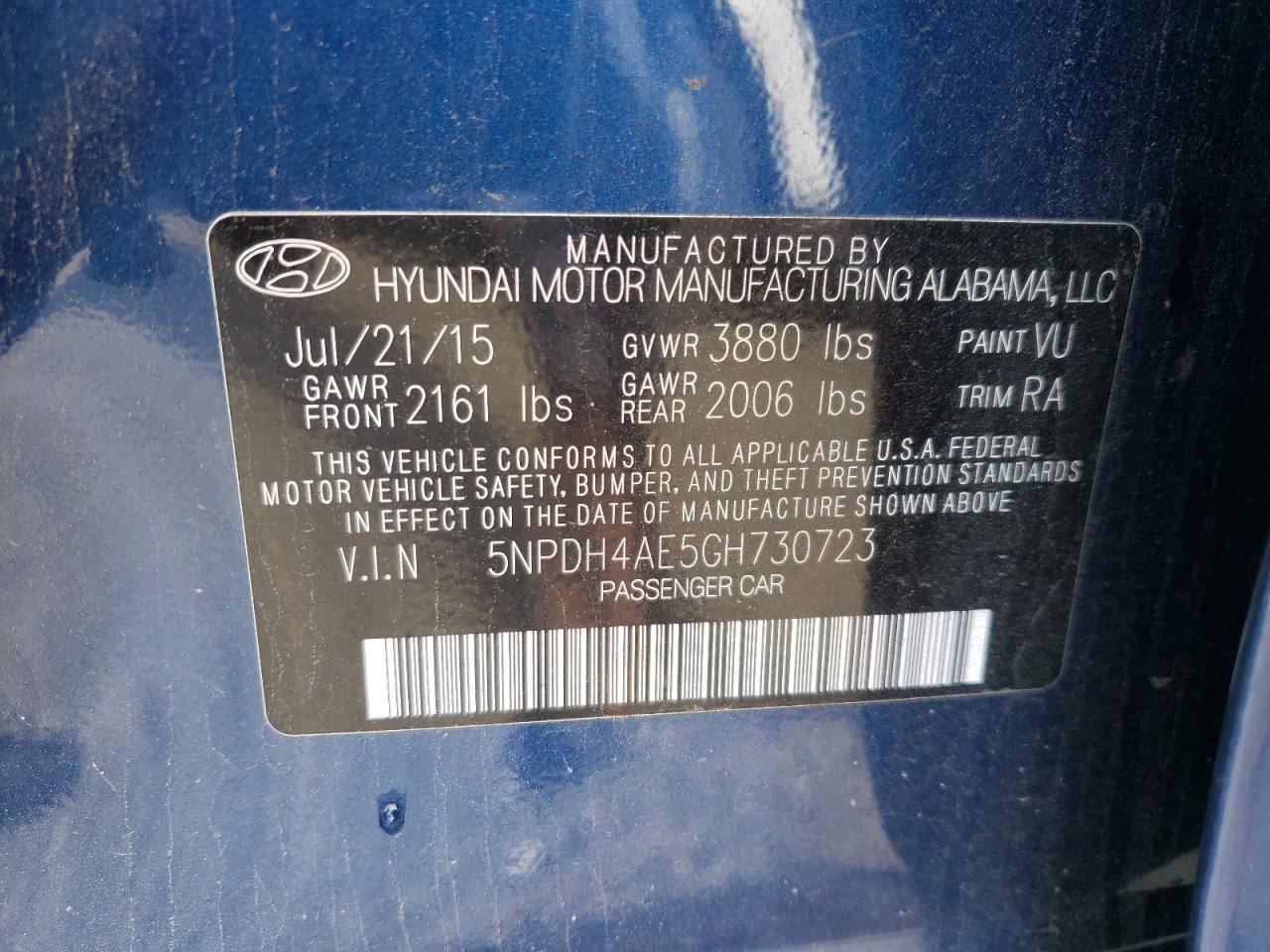 Photo 10 from auction – 2016 HYUNDAI ELANTRA SE with VIN 5NPDH4AE5GH730723