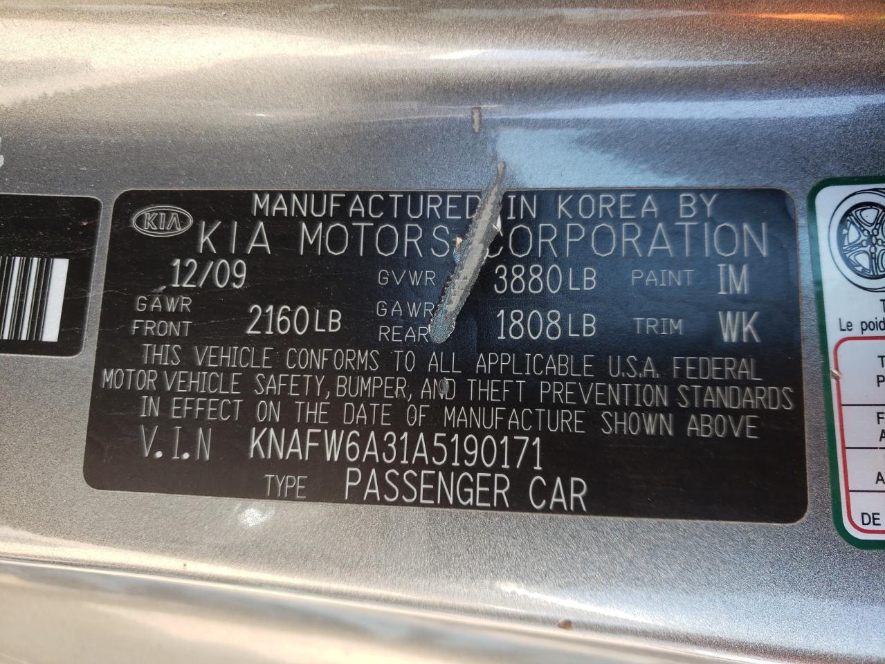 Photo 10 from auction – 2010 KIA FORTE SX with VIN KNAFW6A31A5190171