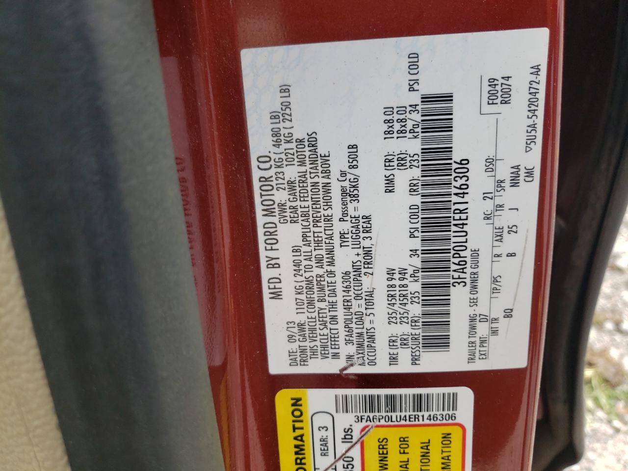 Photo 10 from auction – 2014 FORD FUSION SE with VIN 3FA6P0LU4ER146306