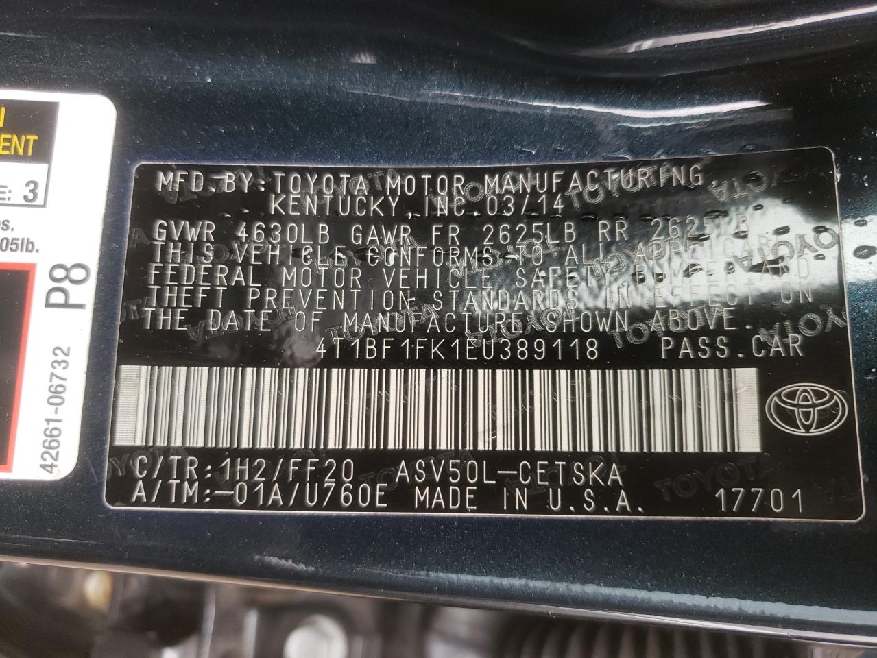 Photo 10 from auction – 2014 TOYOTA CAMRY L with VIN 4T1BF1FK1EU389118