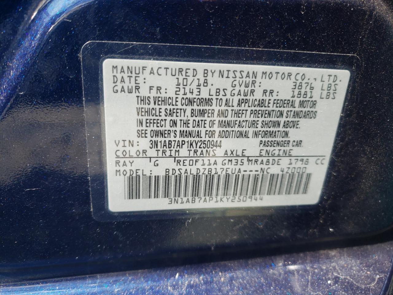 Photo 10 from auction – 2019 NISSAN SENTRA S with VIN 3N1AB7AP1KY250944