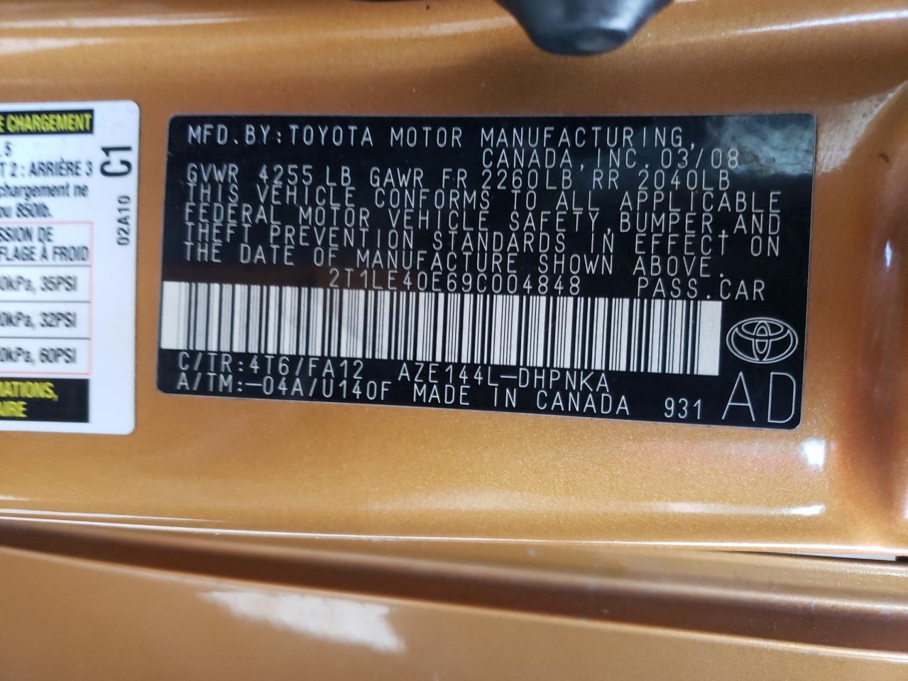 Photo 10 from auction – 2009 TOYOTA COROLLA MA with VIN 2T1LE40E69C004848
