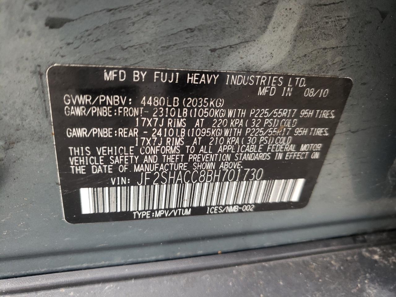 Photo 10 from auction – 2011 SUBARU FORESTER 2 with VIN JF2SHACC8BH701730