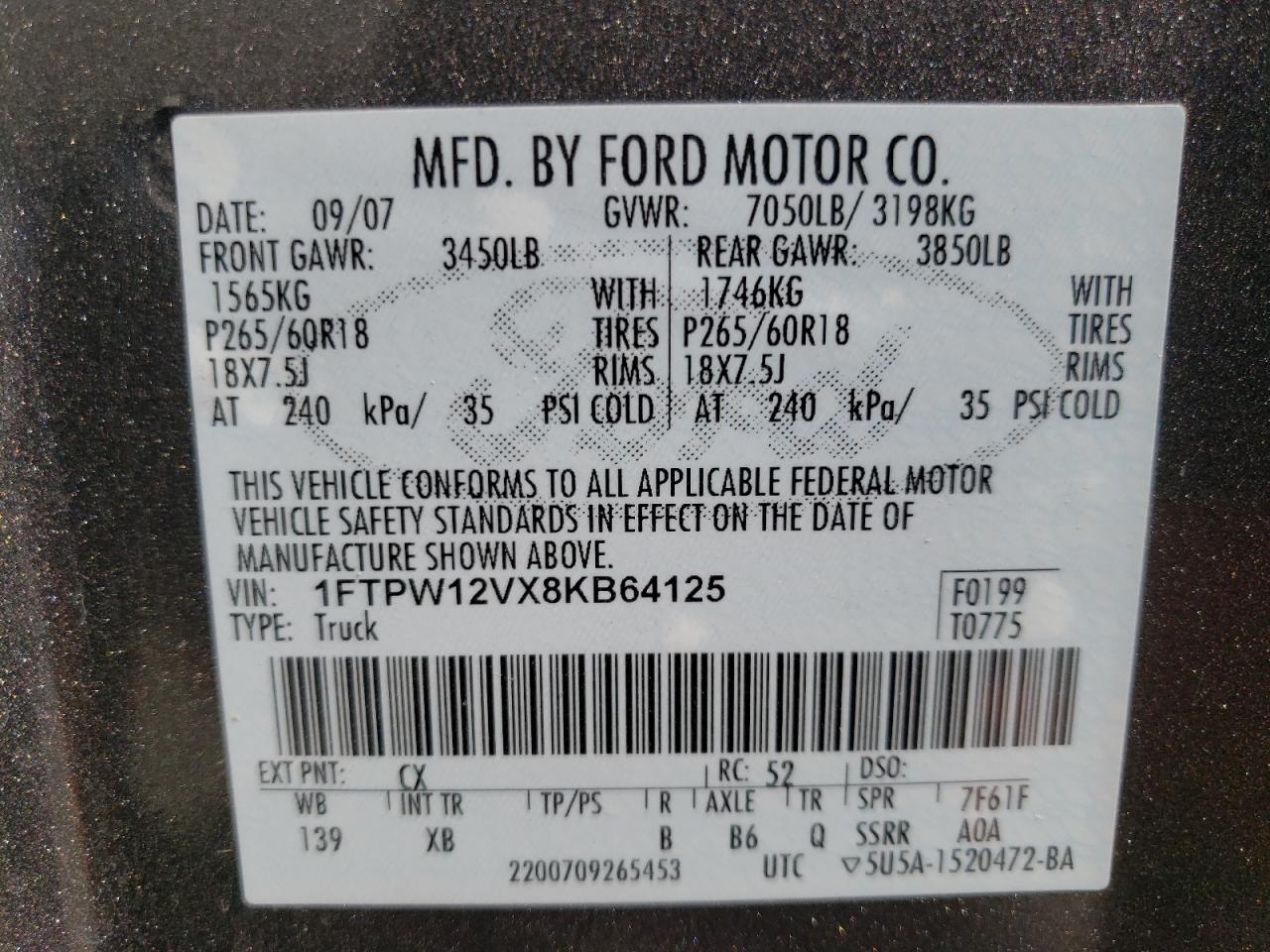 Photo 10 from auction – 2008 FORD F150 SUPER with VIN 1FTPW12VX8KB64125