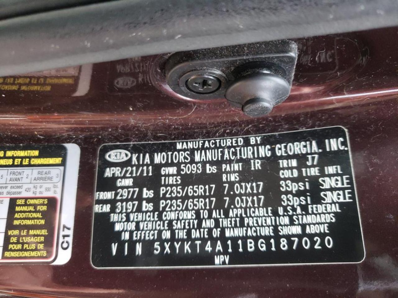 Photo 10 from auction – 2011 KIA SORENTO BA with VIN 5XYKT4A11BG187020