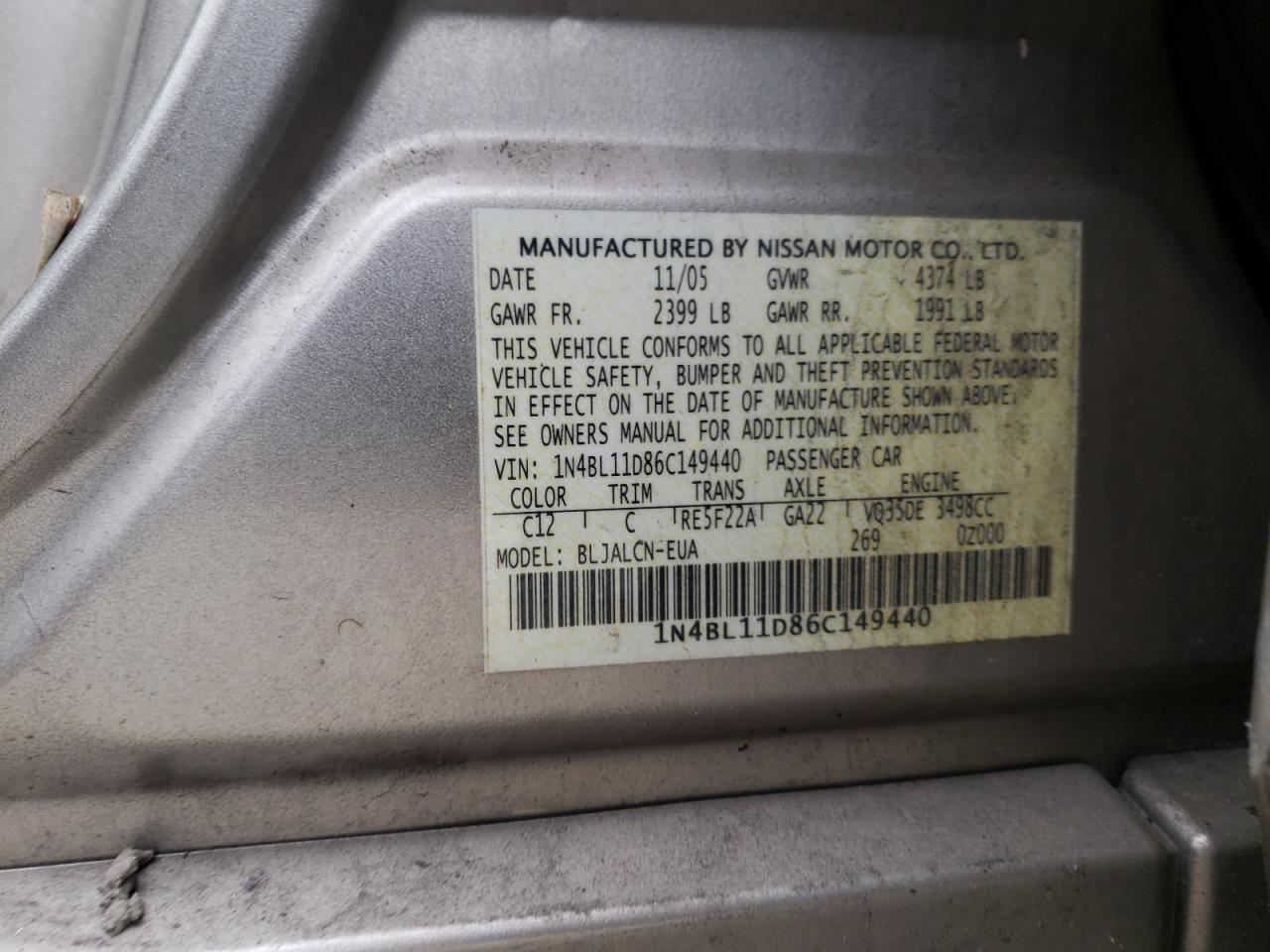 Photo 10 from auction – 2006 NISSAN ALTIMA SE with VIN 1N4BL11D86C149440