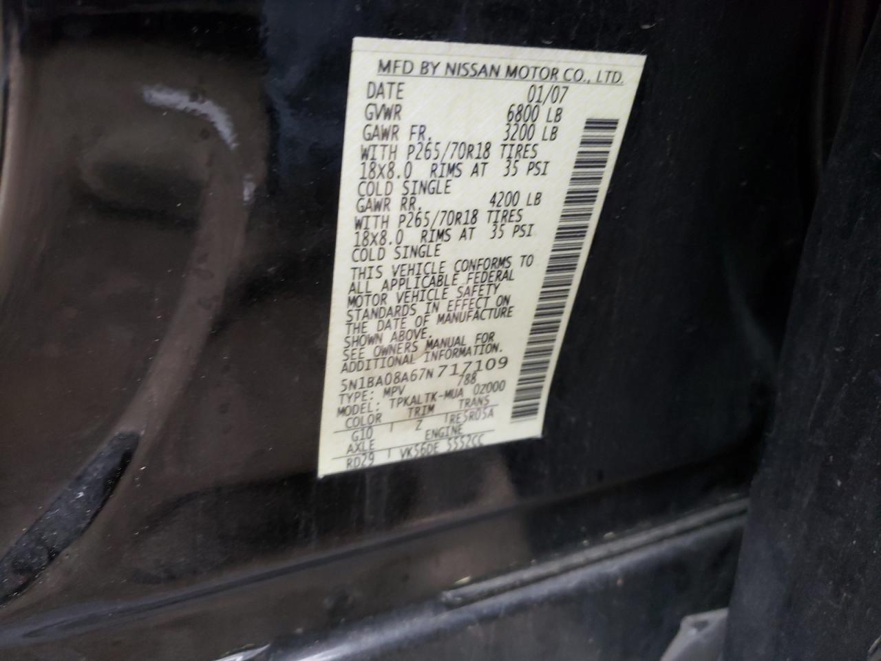 Photo 10 from auction – 2007 NISSAN ARMADA SE with VIN 5N1BA08A67N717109