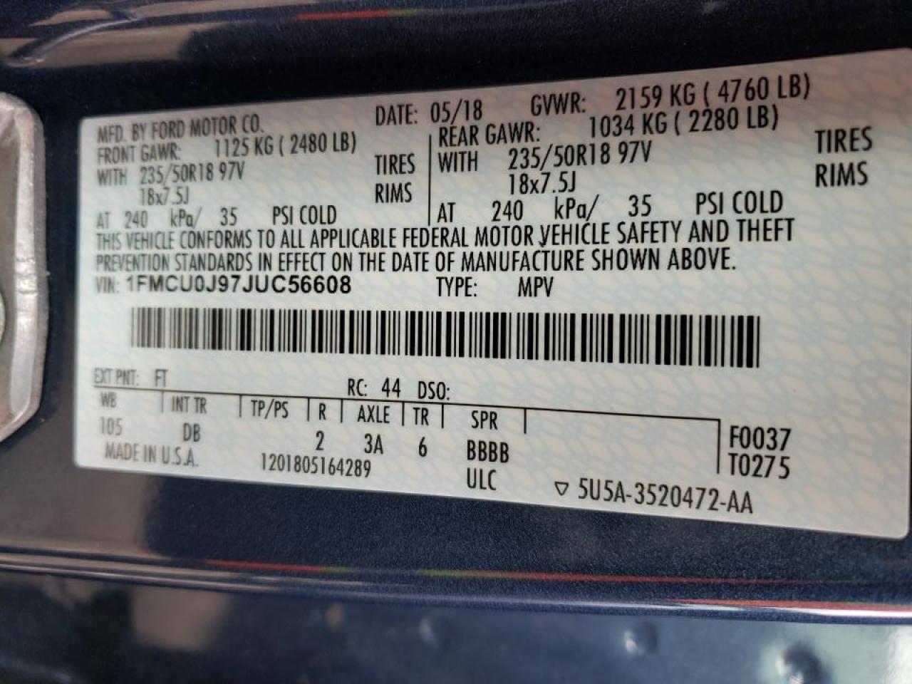Photo 10 from auction – 2018 FORD ESCAPE TIT with VIN 1FMCU0J97JUC56608