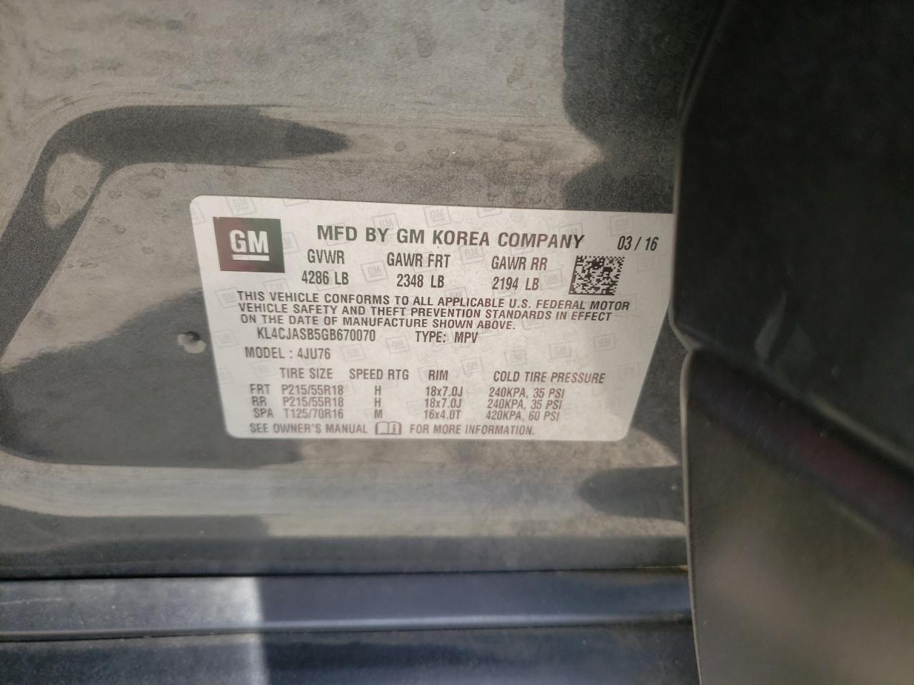Photo 10 from auction – 2016 BUICK ENCORE with VIN KL4CJASB5GB670070