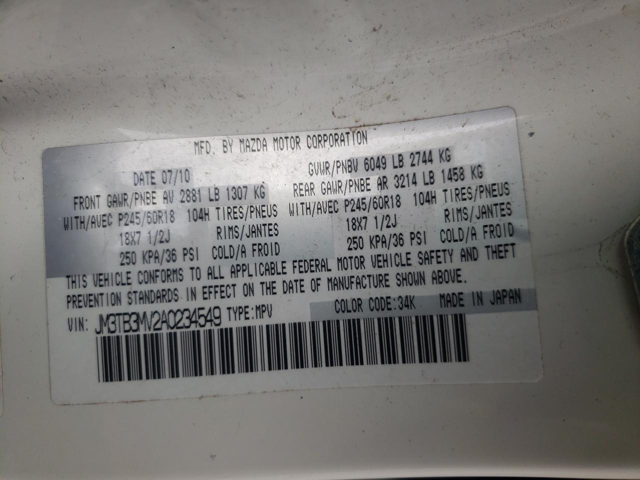 Photo 10 from auction – 2010 MAZDA CX-9 with VIN JM3TB3MV2A0234549