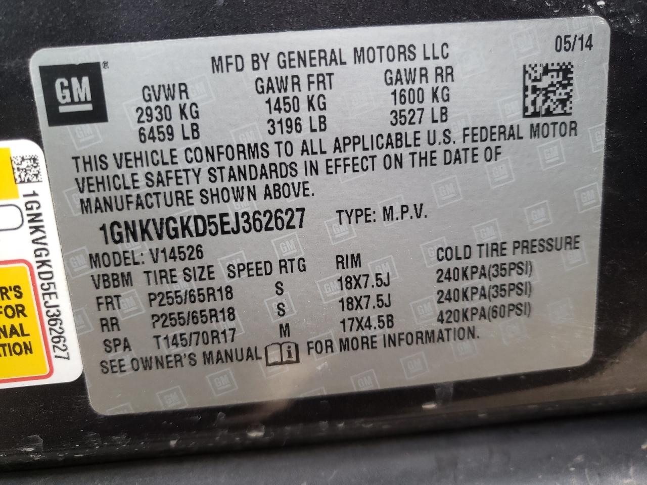 Photo 10 from auction – 2014 CHEVROLET TRAVERSE L with VIN 1GNKVGKD5EJ362627