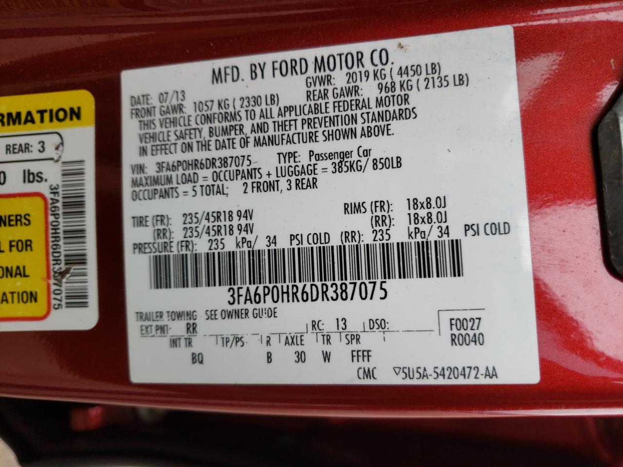 Photo 10 from auction – 2013 FORD FUSION SE with VIN 3FA6P0HR6DR387075