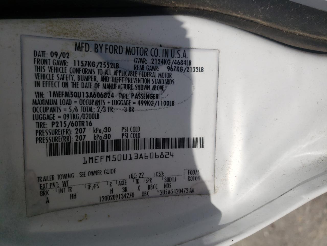 Photo 10 from auction – 2003 MERCURY SABLE with VIN 1MEFM50U13A606824