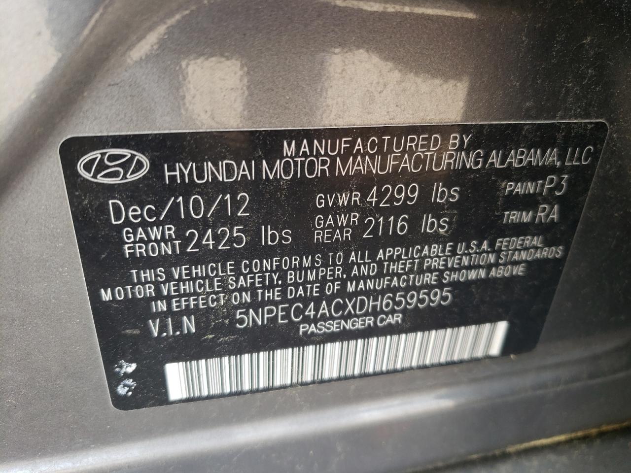 Photo 10 from auction – 2013 HYUNDAI SONATA SE with VIN 5NPEC4ACXDH659595