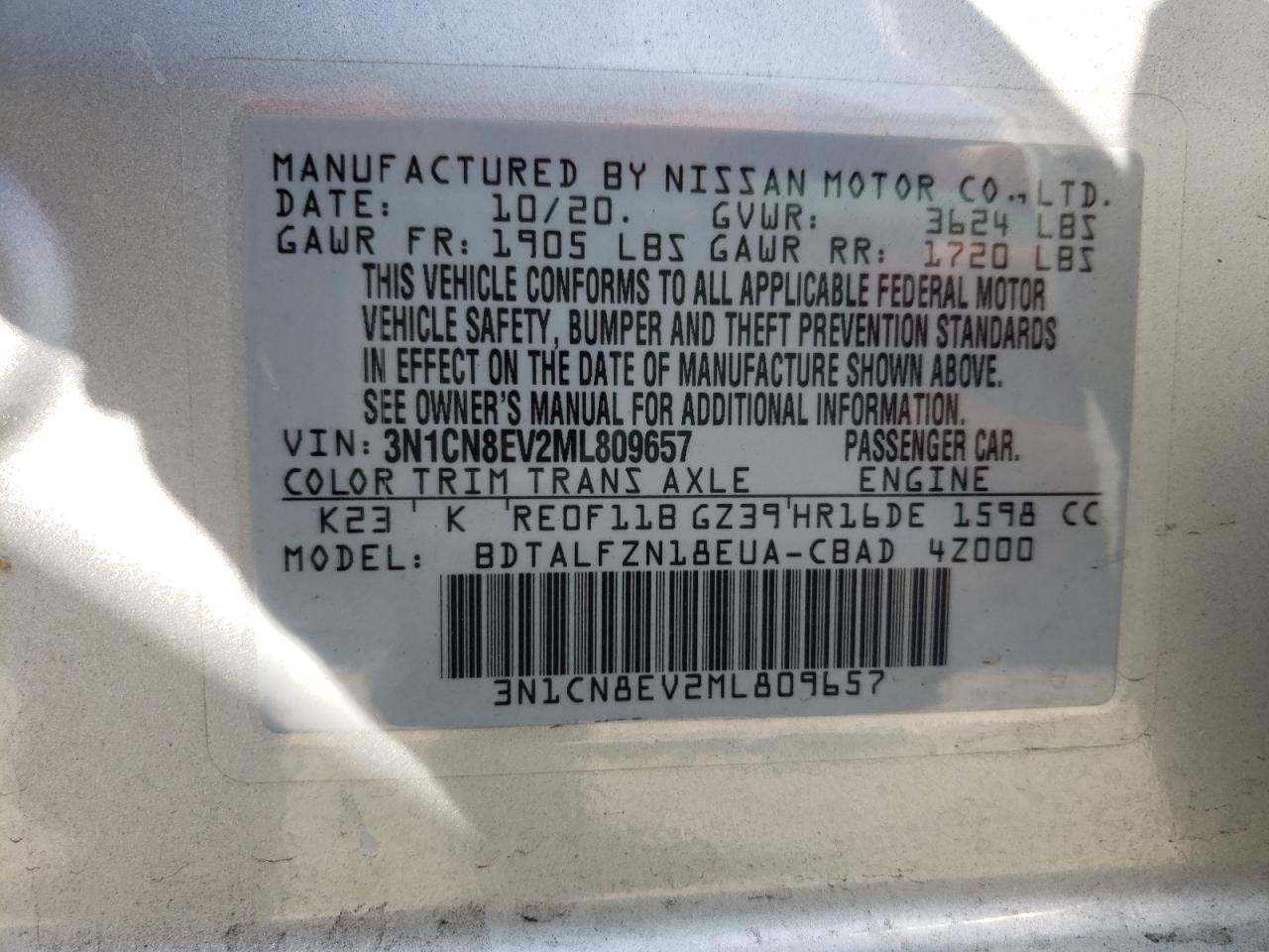 Photo 10 from auction – 2021 NISSAN VERSA SV with VIN 3N1CN8EV2ML809657