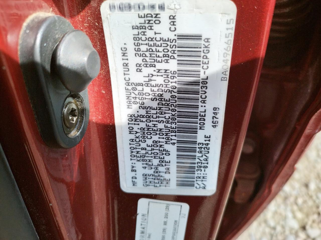 Photo 10 from auction – 2002 TOYOTA CAMRY LE with VIN 4T1BE30K02U070196