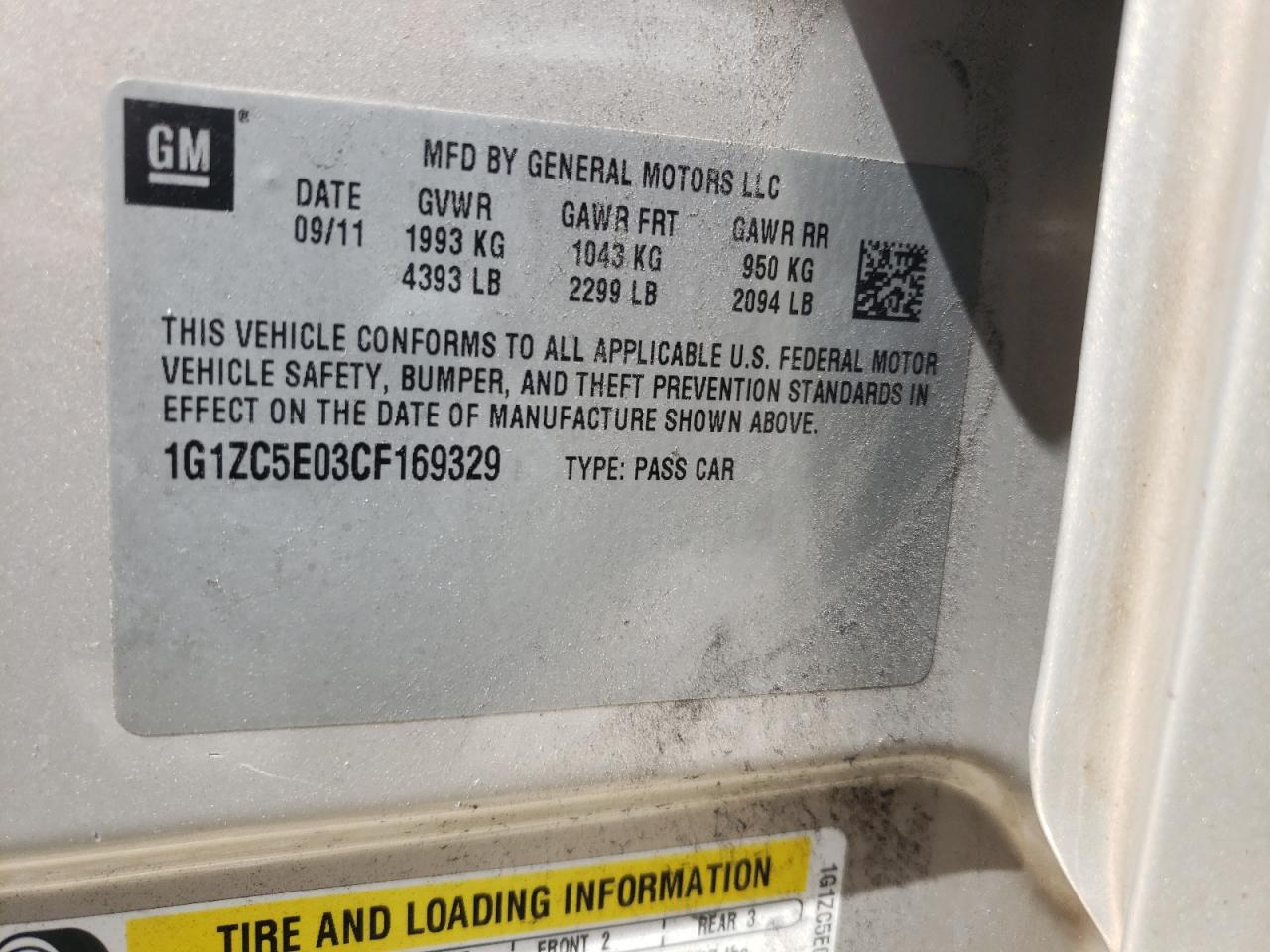 Photo 10 from auction – 2012 CHEVROLET MALIBU 1LT with VIN 1G1ZC5E03CF169329