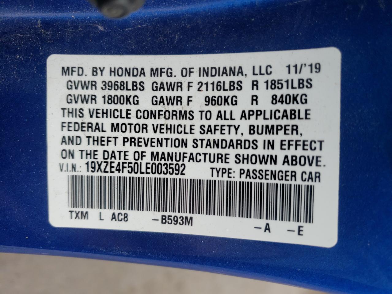 Photo 10 from auction – 2020 HONDA INSIGHT EX with VIN 19XZE4F50LE003592