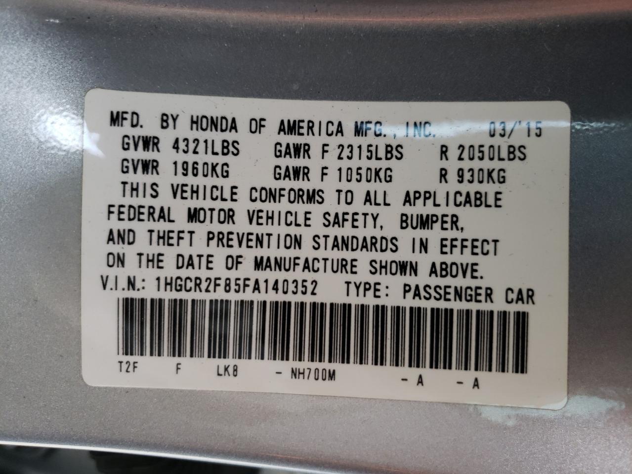 Photo 10 from auction – 2015 HONDA ACCORD EXL with VIN 1HGCR2F85FA140352