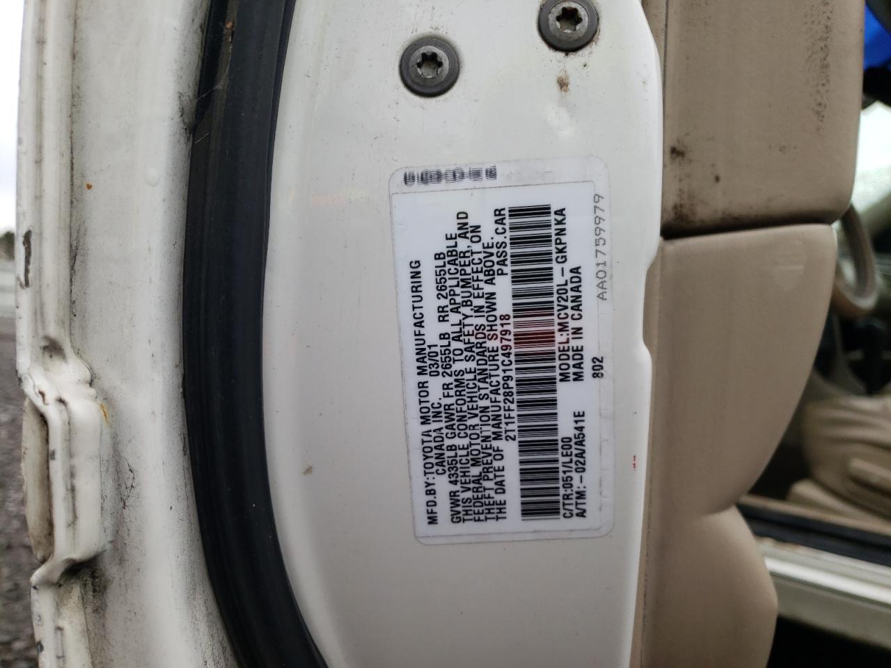 Photo 10 from auction – 2001 TOYOTA CAMRY SOLA with VIN 2T1FF28P91C497918