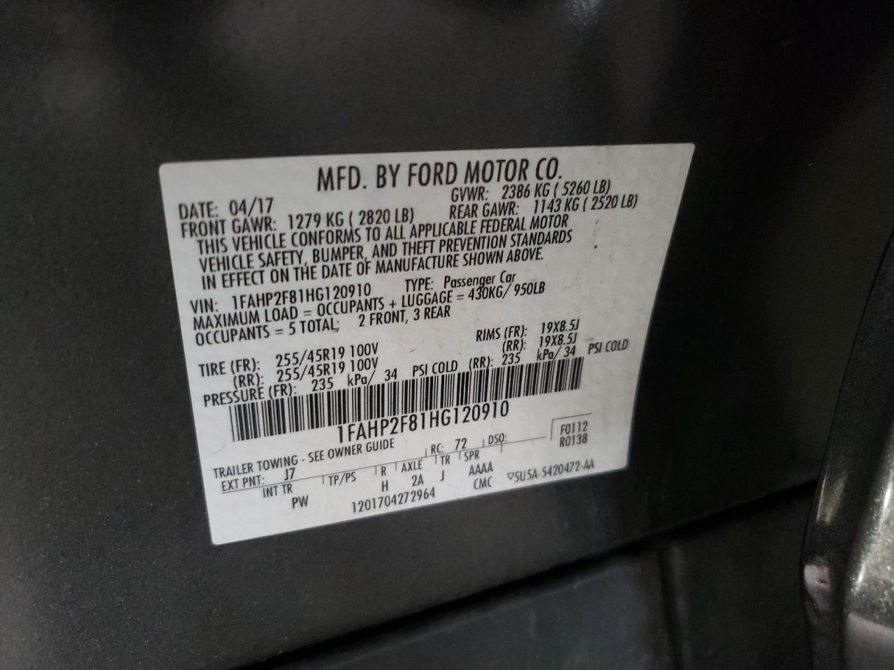 Photo 10 from auction – 2017 FORD TAURUS LIM with VIN 1FAHP2F81HG120910