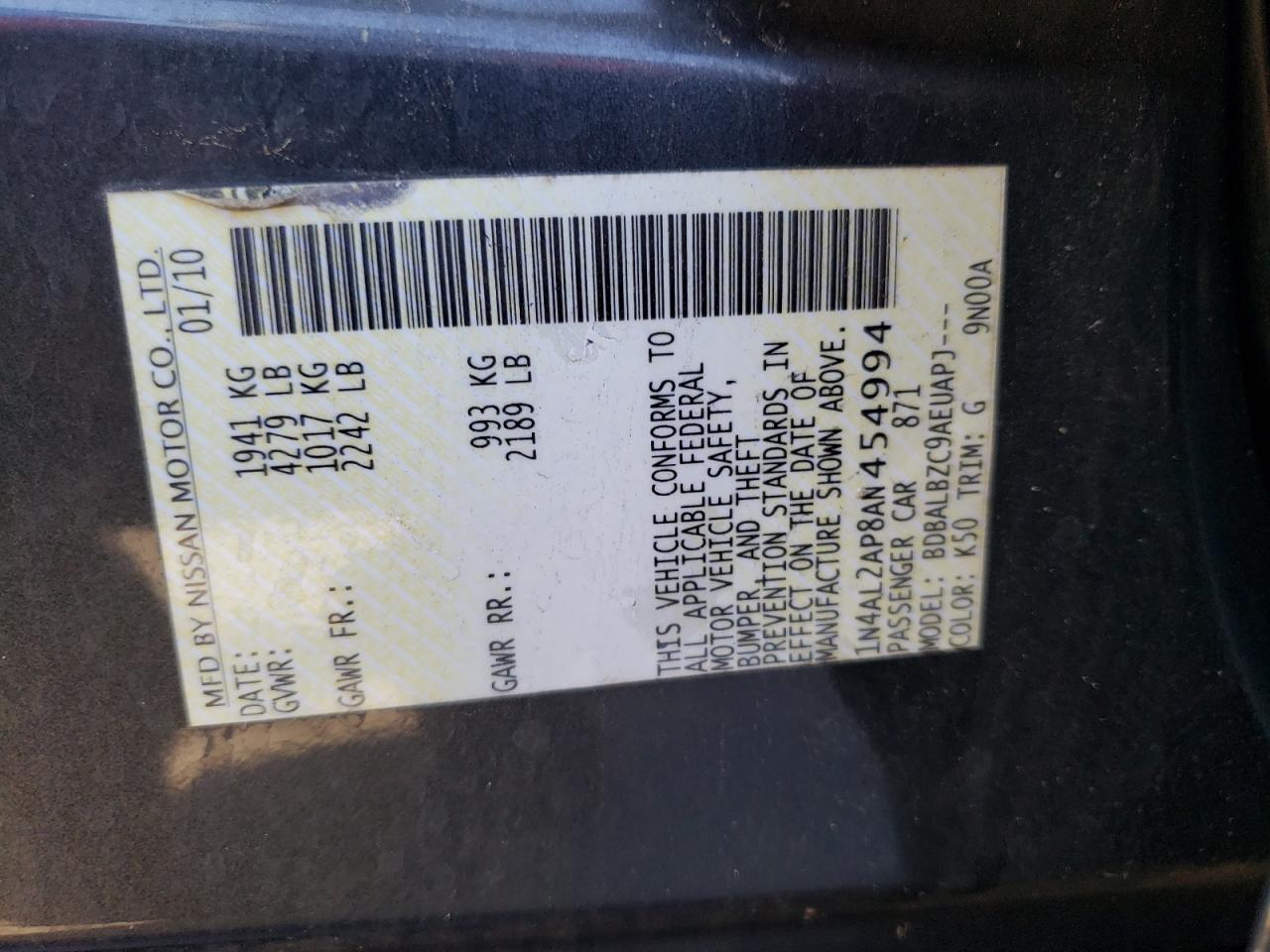 Photo 10 from auction – 2010 NISSAN ALTIMA BAS with VIN 1N4AL2AP8AN454994