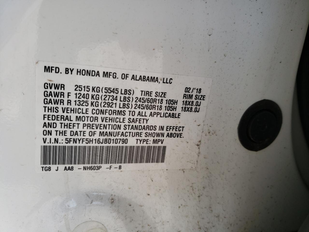 Photo 10 from auction – 2018 HONDA PILOT LX with VIN 5FNYF5H16JB010790