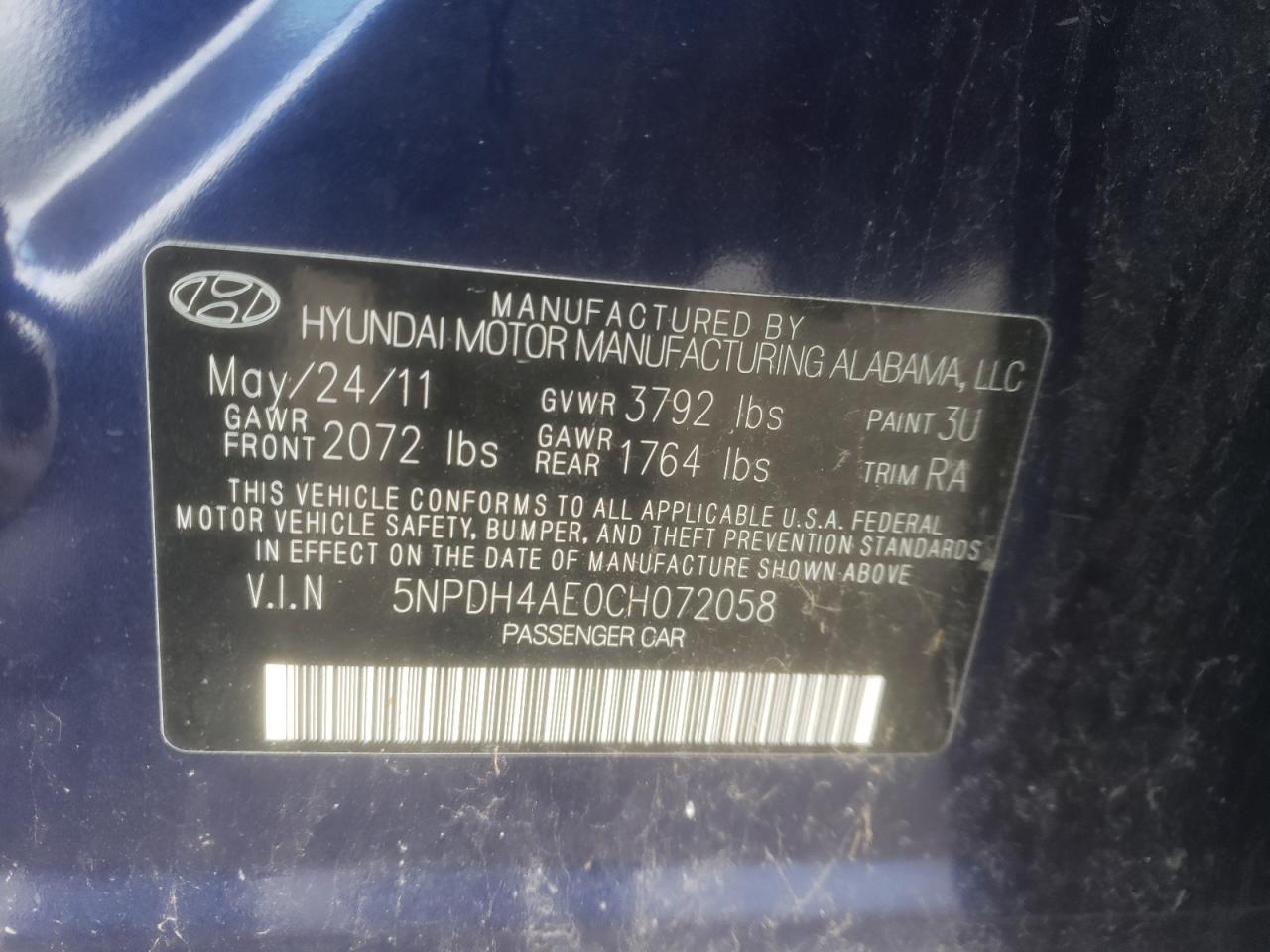 Photo 10 from auction – 2012 HYUNDAI ELANTRA with VIN 5NPDH4AE0CH072058