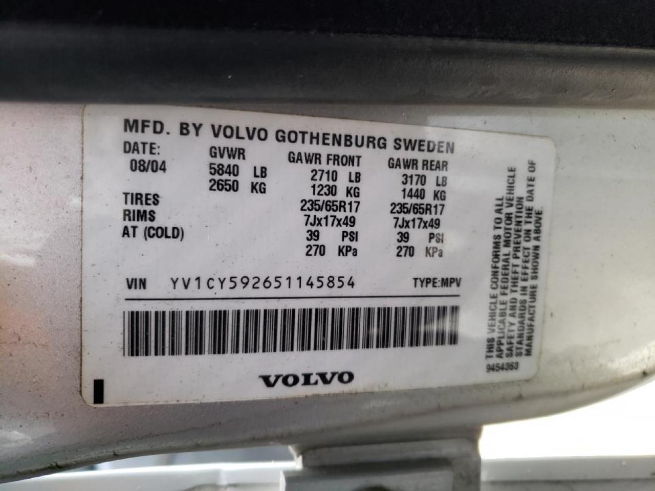 Photo 10 from auction – 2005 VOLVO XC90 with VIN YV1CY592651145854