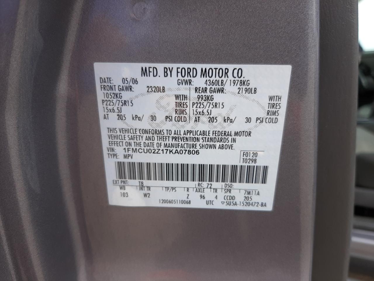 Photo 10 from auction – 2007 FORD ESCAPE XLS with VIN 1FMCU02Z17KA07806