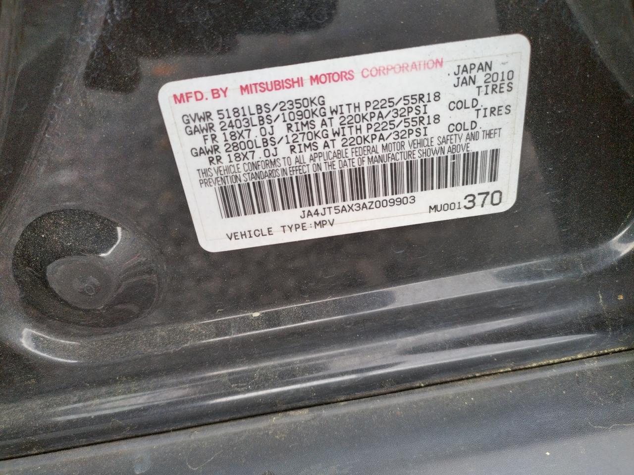 Photo 10 from auction – 2010 MITSUBISHI OUTLANDER with VIN JA4JT5AX3AZ009903