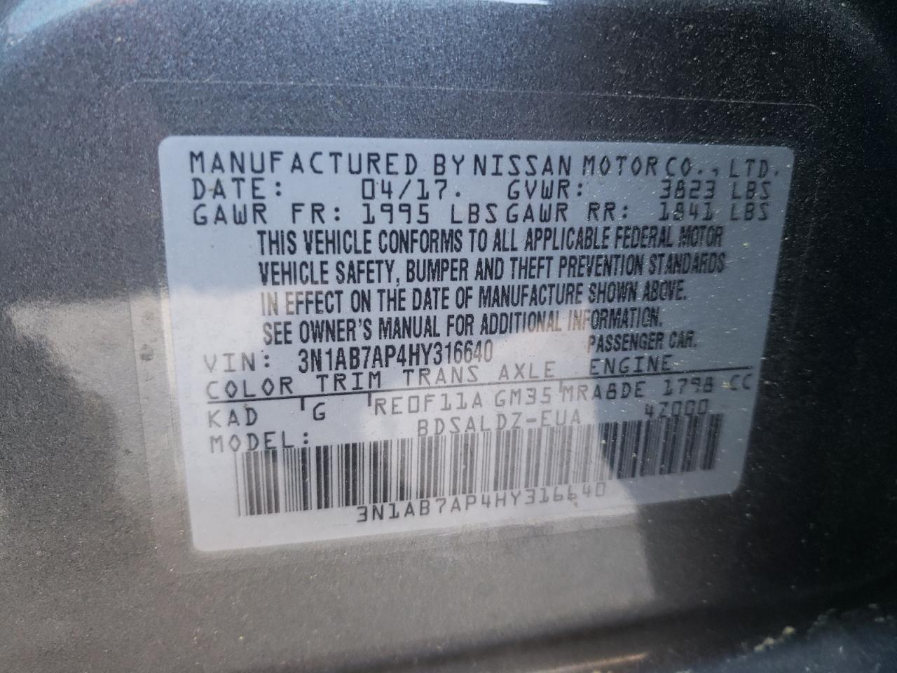 Photo 10 from auction – 2017 NISSAN SENTRA S with VIN 3N1AB7AP4HY316640
