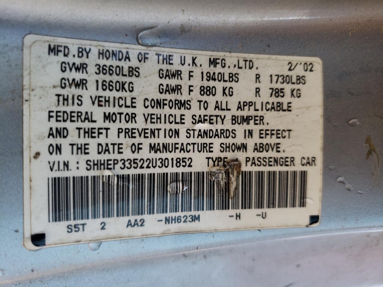 Photo 10 from auction – 2002 HONDA CIVIC SI with VIN SHHEP33522U301852