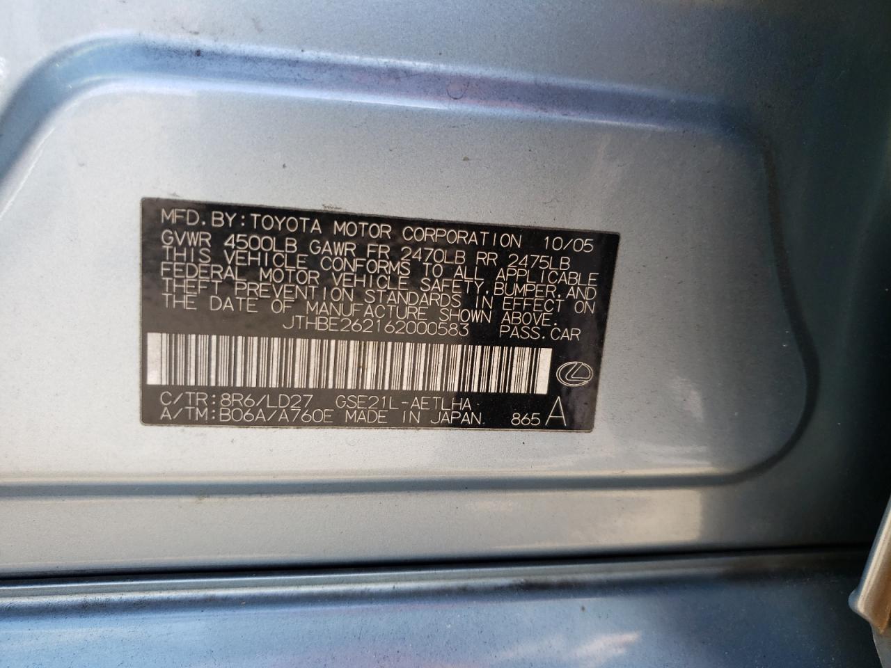 Photo 10 from auction – 2006 LEXUS IS 350 with VIN JTHBE262162000583