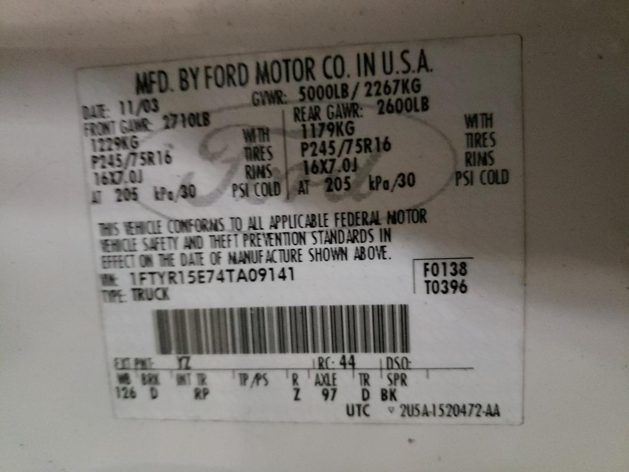 Photo 10 from auction – 2004 FORD RANGER SUP with VIN 1FTYR15E74TA09141