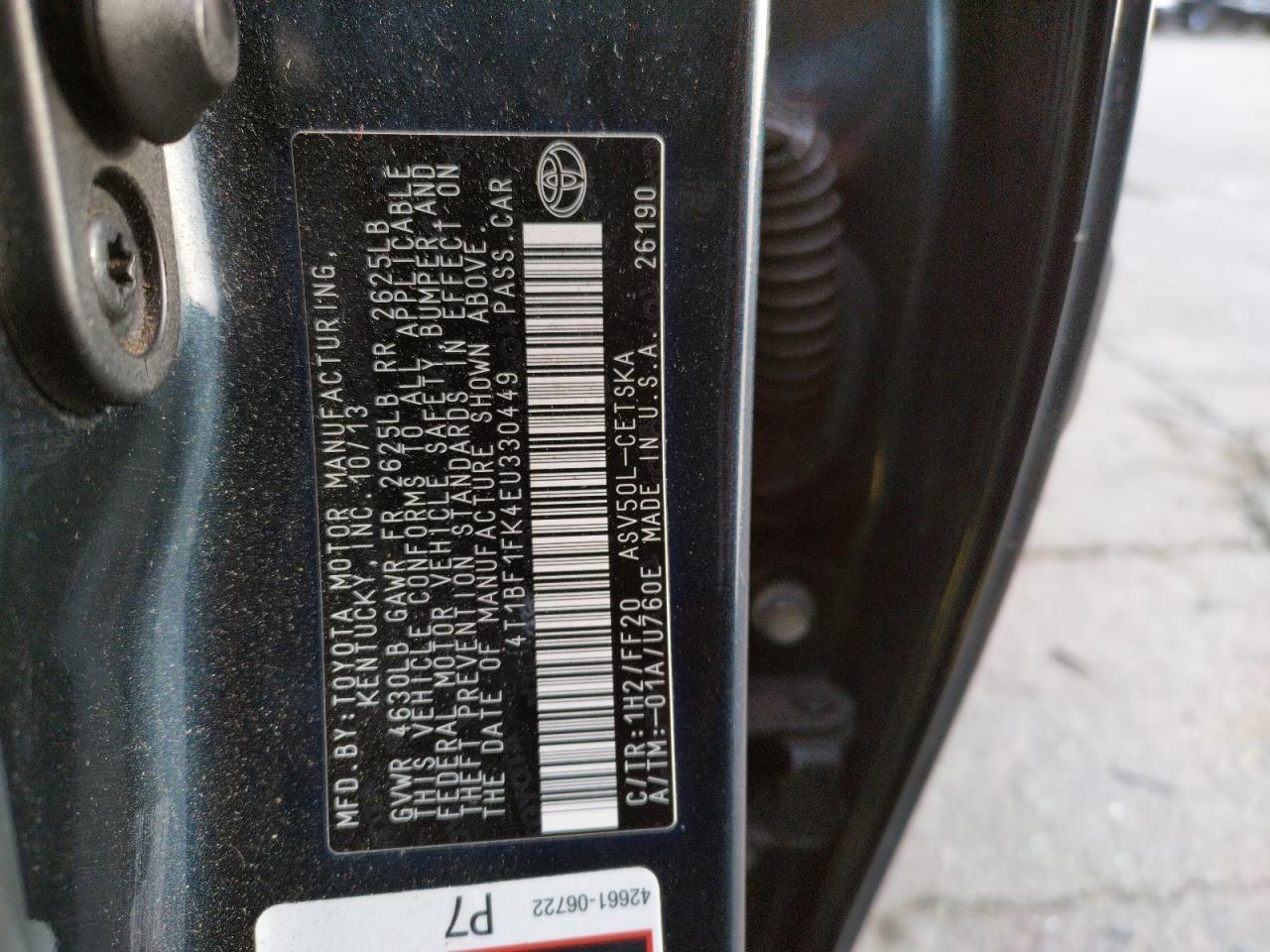 Photo 10 from auction – 2014 TOYOTA CAMRY L with VIN 4T1BF1FK4EU330449