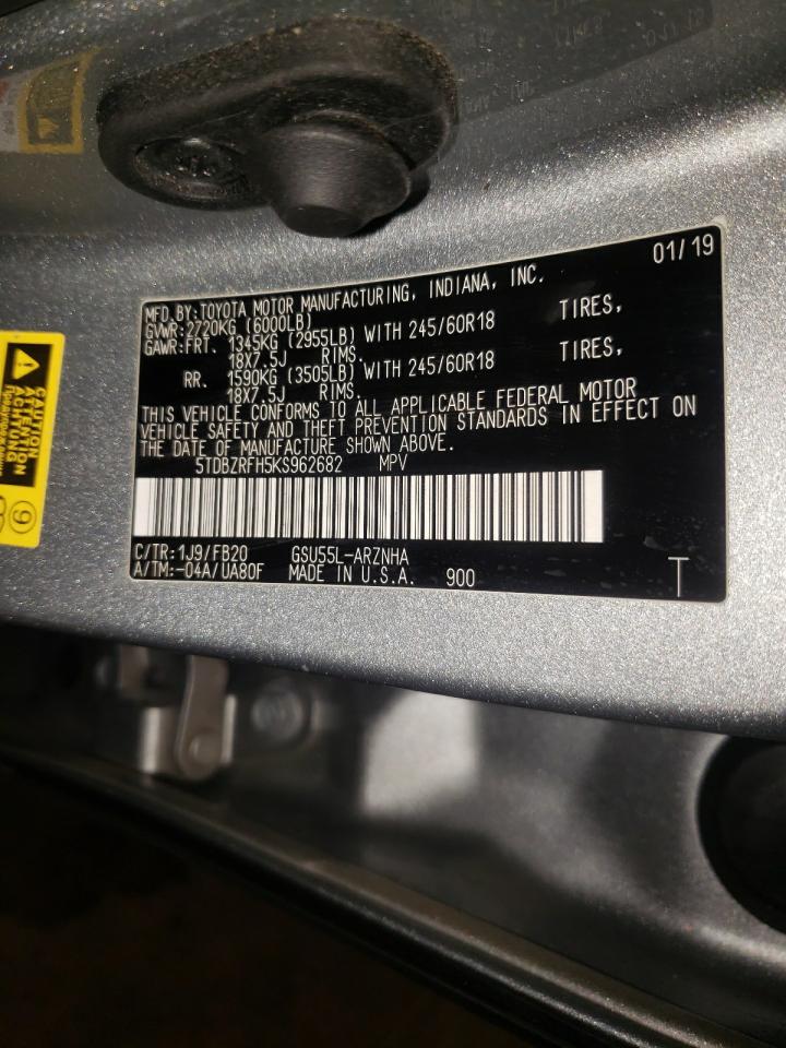 Photo 10 from auction – 2019 TOYOTA HIGHLANDER with VIN 5TDBZRFH5KS962682