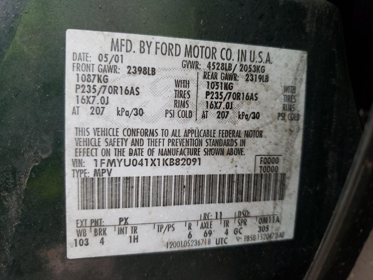 Photo 10 from auction – 2001 FORD ESCAPE XLT with VIN 1FMYU041X1KB82091