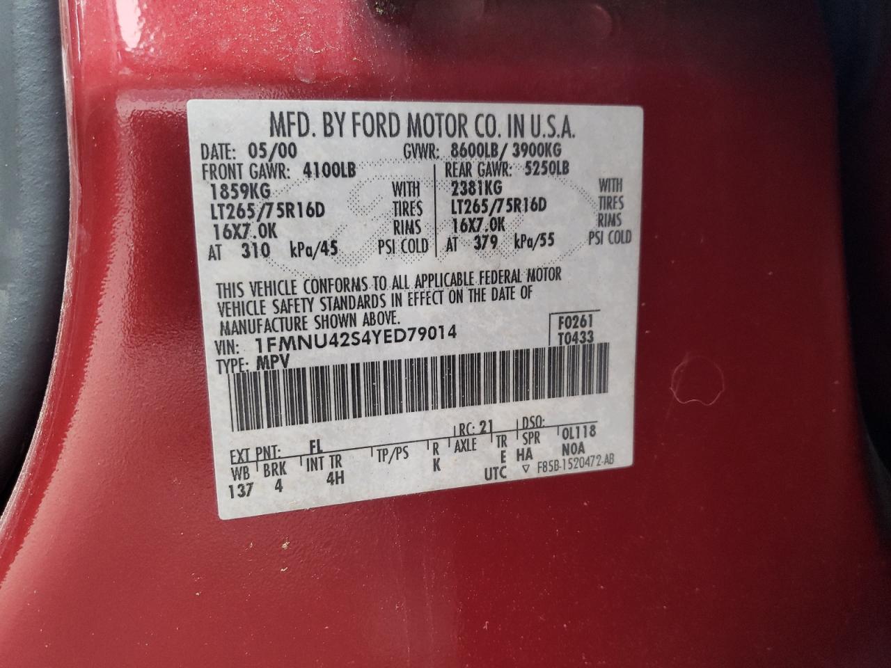 Photo 10 from auction – 2000 FORD EXCURSION with VIN 1FMNU42S4YED79014