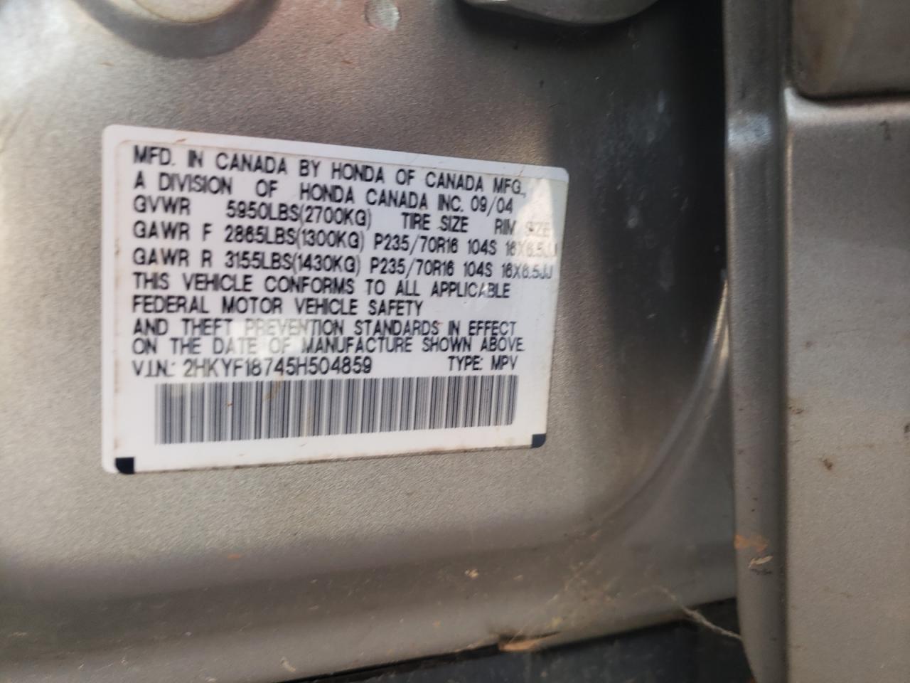 Photo 10 from auction – 2005 HONDA PILOT EXL with VIN 2HKYF18745H504859