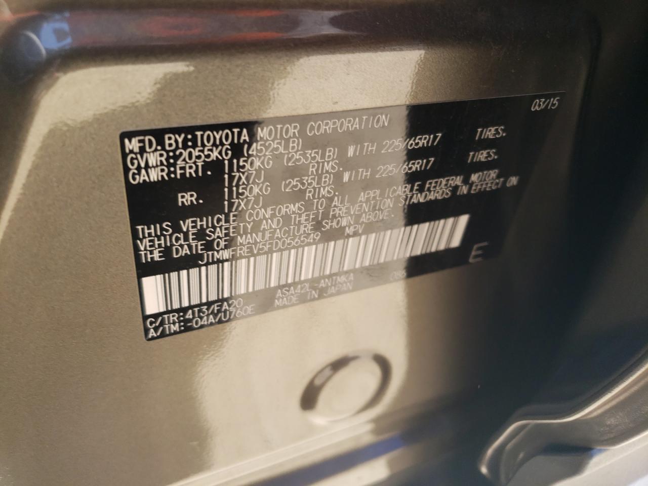 Photo 10 from auction – 2015 TOYOTA RAV4 XLE with VIN JTMWFREV5FD056549