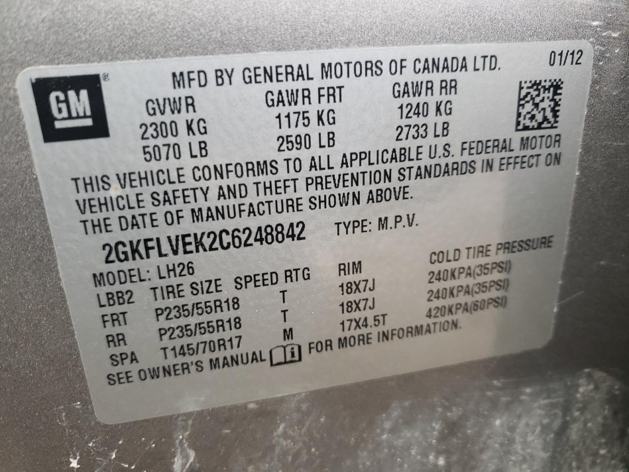 Photo 10 from auction – 2012 GMC TERRAIN SL with VIN 2GKFLVEK2C6248842