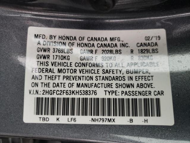 Photo 10 from auction – 2019 HONDA CIVIC LX with VIN 2HGFC2F63KH538376